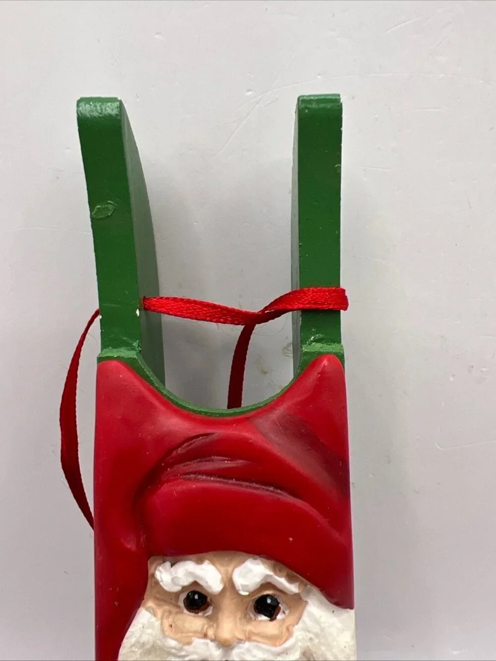 Kurt Adler Santa Head on Wood Sled Christmas Ornament Hand Carved Painted 7
